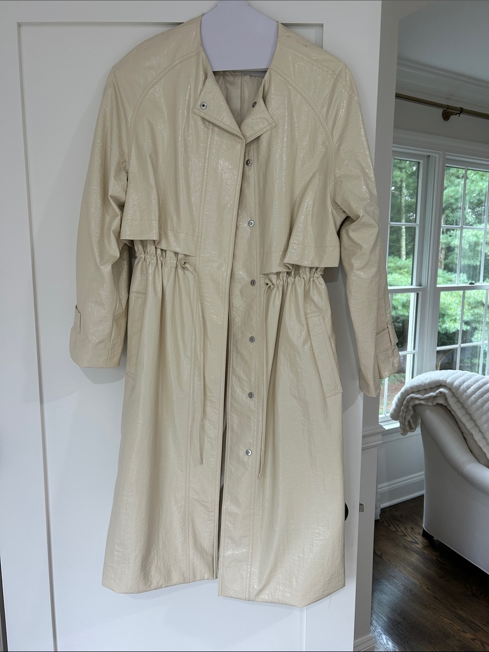 Women’s Cream Faux-Leather Drawstring Trench Coat